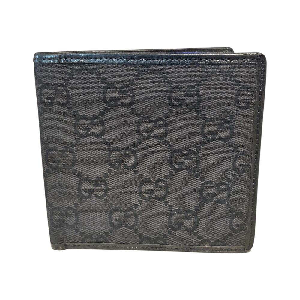 Gucci GG Black Canvas Men's Bifold Wallet with Snap Coin Compartment
